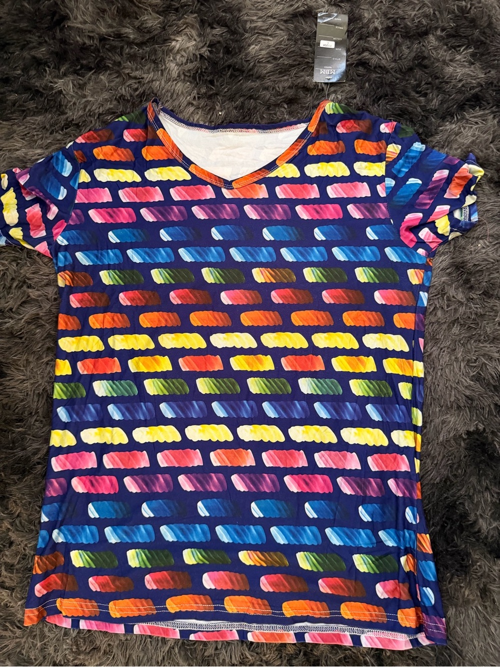 MNM Fashion Navy Short Sleeve Tee with Rainbow Block Pattern